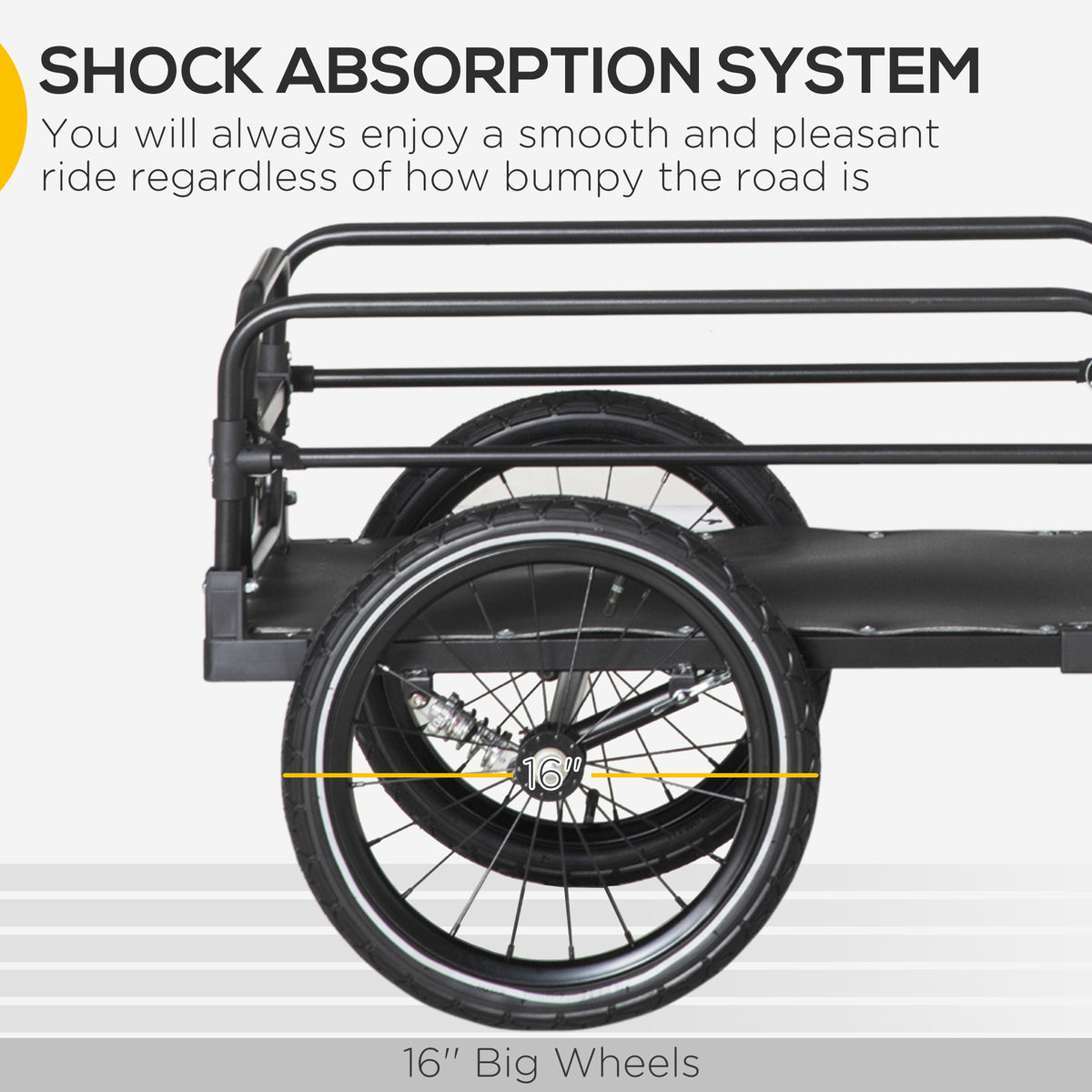 HOMCOM bicycle trailer close-up showing a 16-inch wheel and suspension system