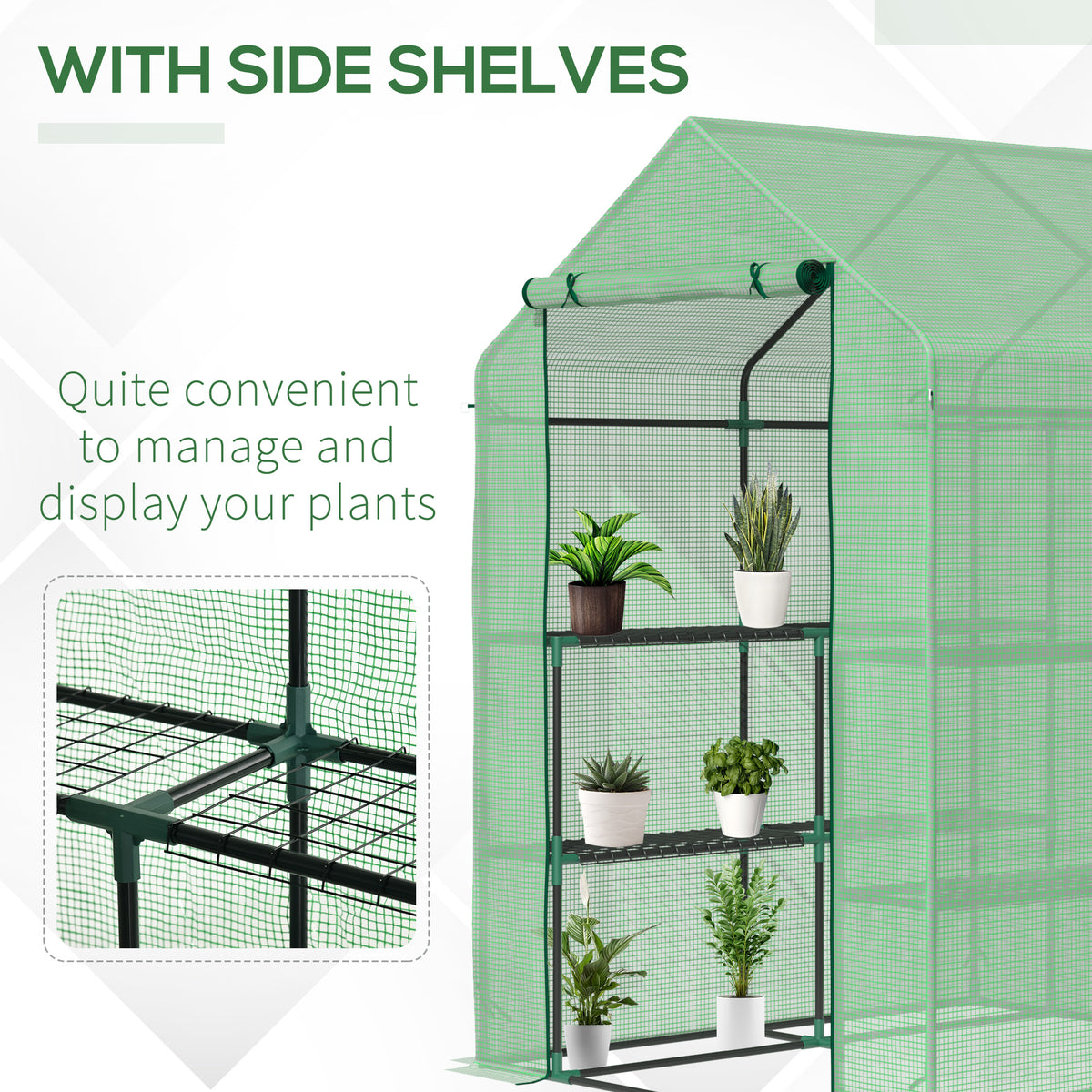 Green walk-in greenhouse with side shelves holding potted plants