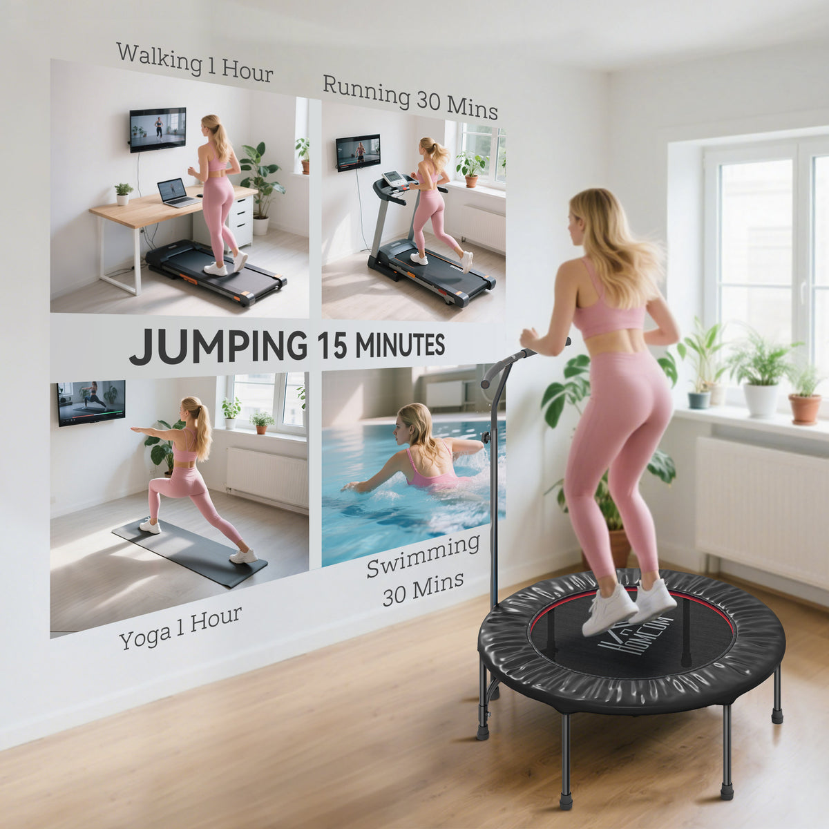 Black rebounder trampoline with adjustable handle shown during a workout