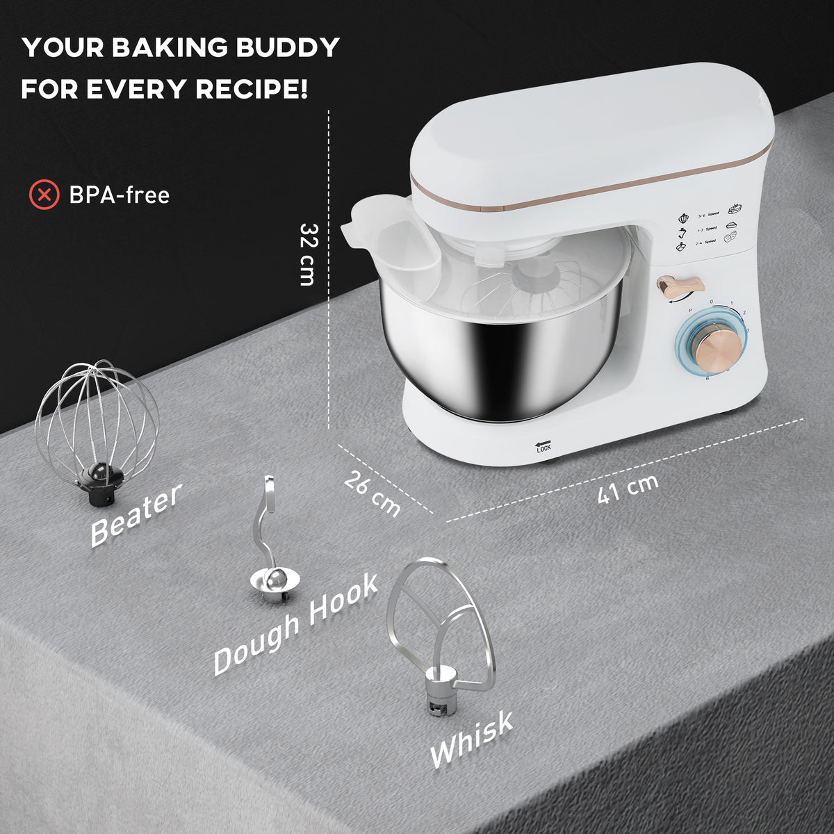 HOMCOM stand mixer with bowl and three attachments: beater, dough hook, and whisk