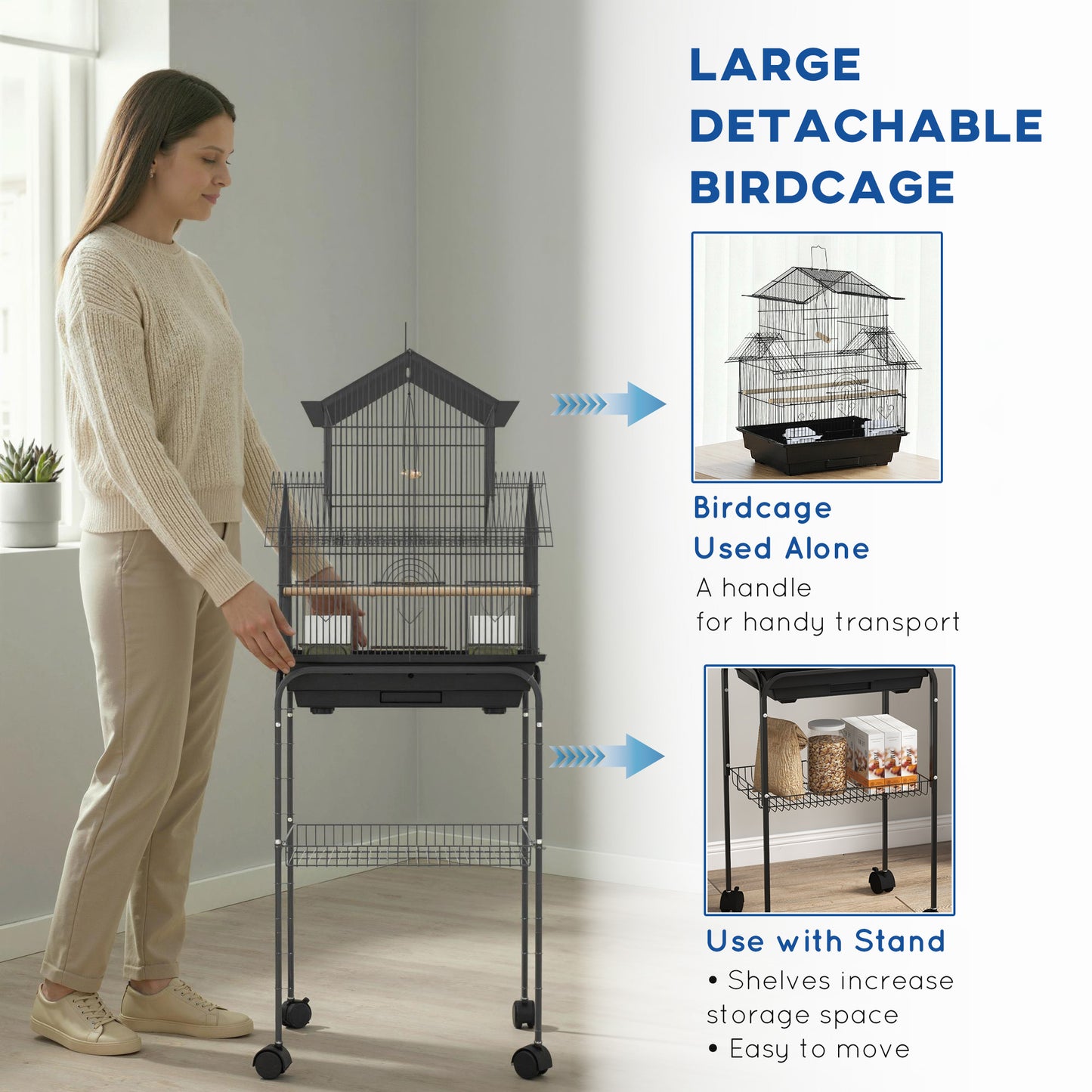 PawHut Metal Bird Cage with Plastic Swing, Perch, Food Container, Tray, Handle, for Finches, Canaries, Budgies, 43.5 x 33 x 121