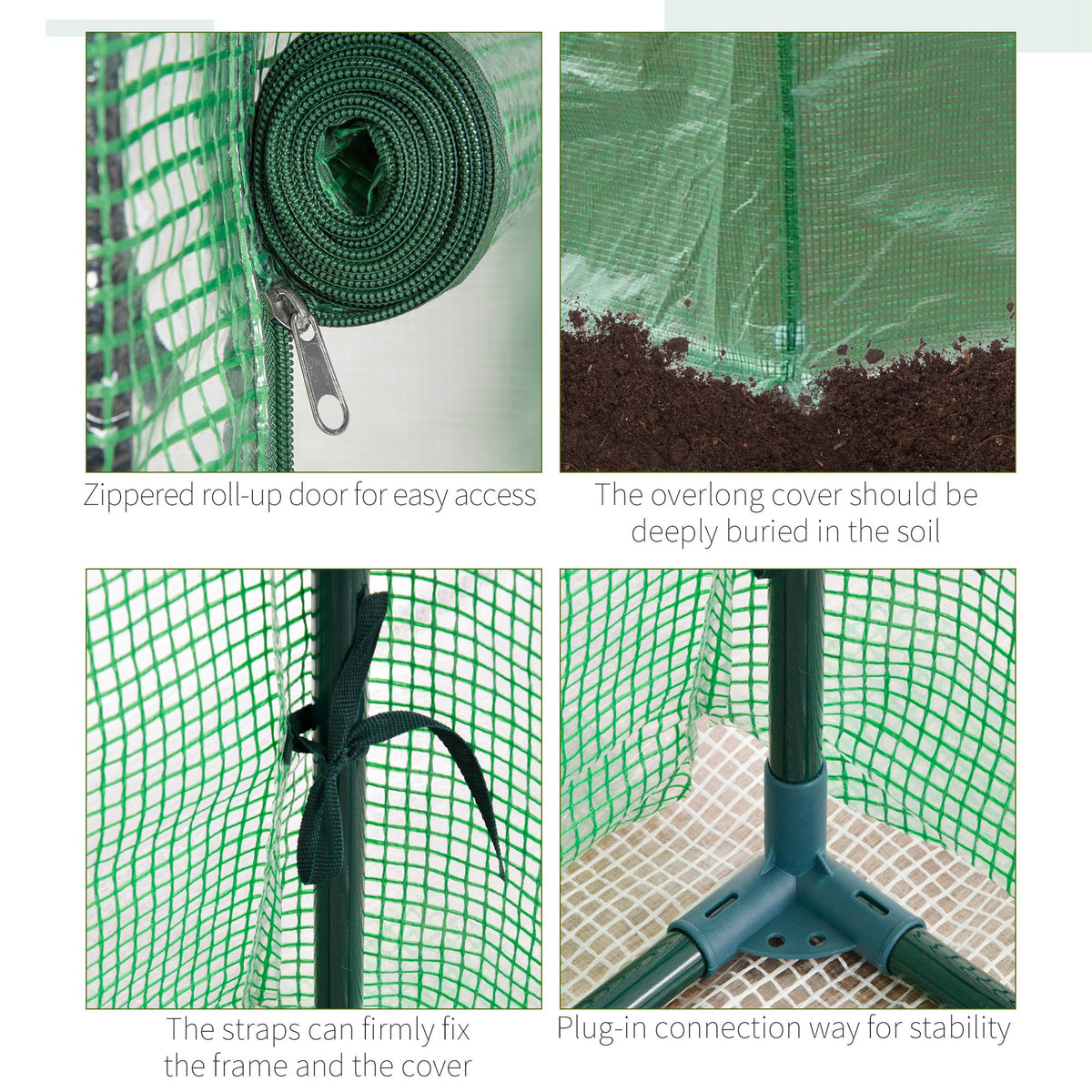Greenhouse details showing zippered door, cover straps, and frame connectors