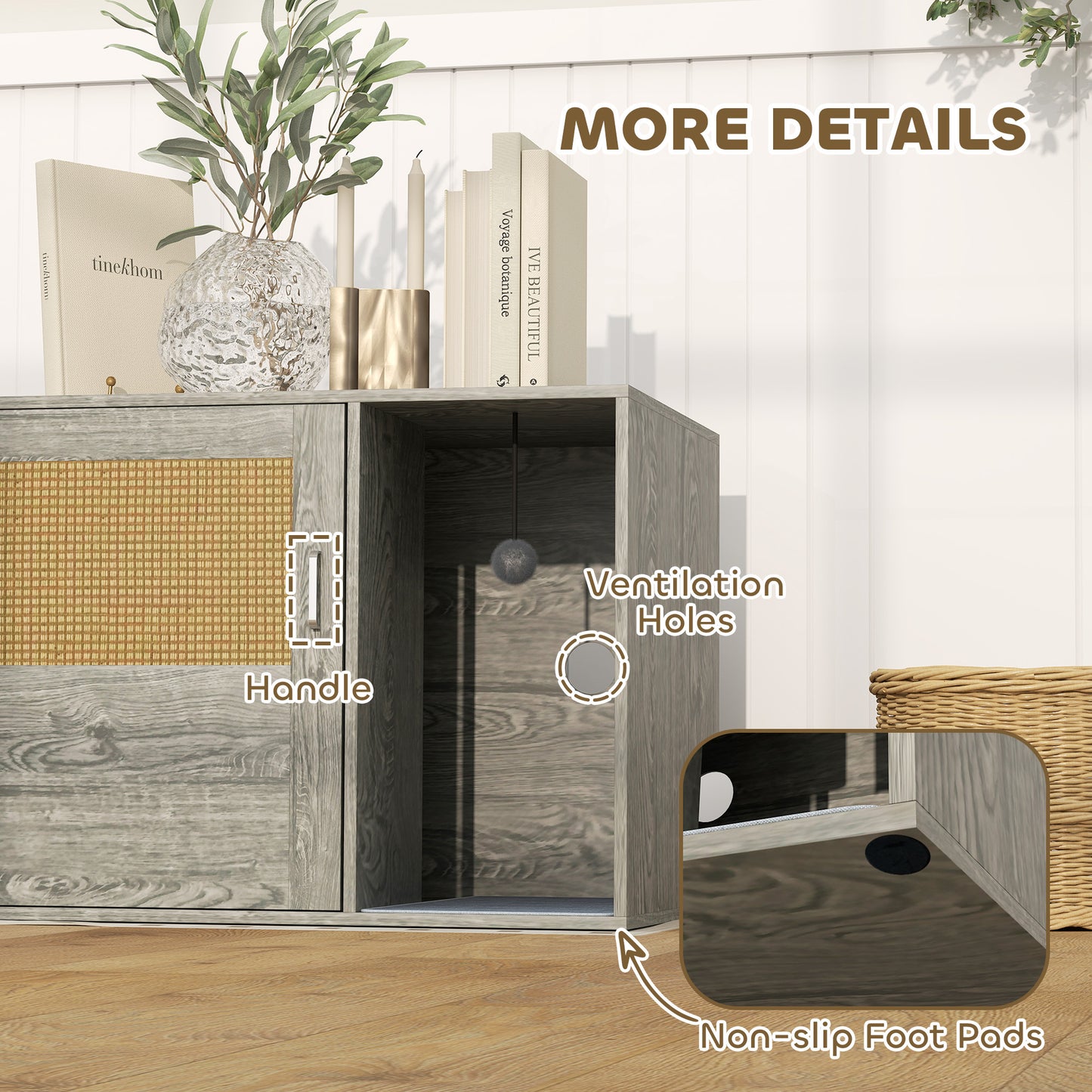 PawHut Cat Litter Box Enclosure with Rattan Door, Scratching Mat, Toy Ball, Non-Slip Foot Pads, Grey