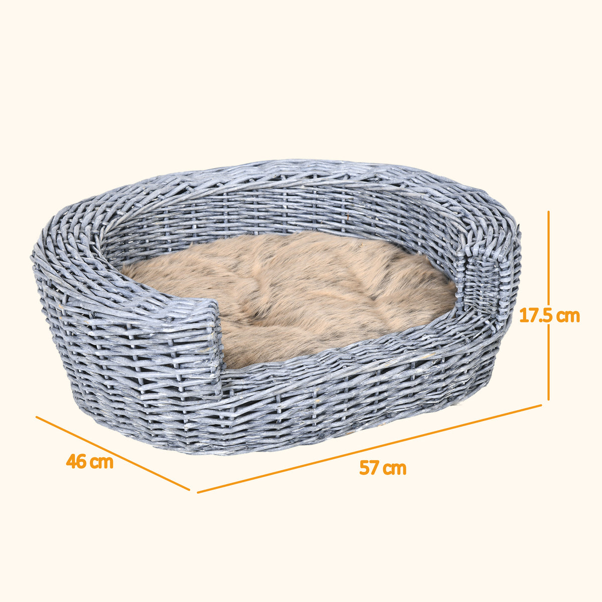 Wicker pet bed measuring 57 by 46 by 17.5 cm