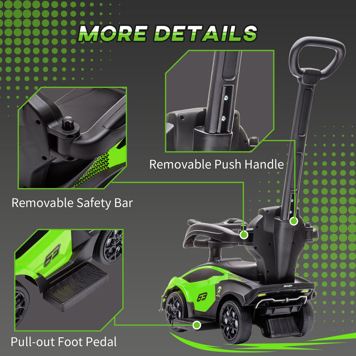AIYAPLAY Kids 3-In-1 Lamborghini Ride-On and Stroller, with Horn - Green