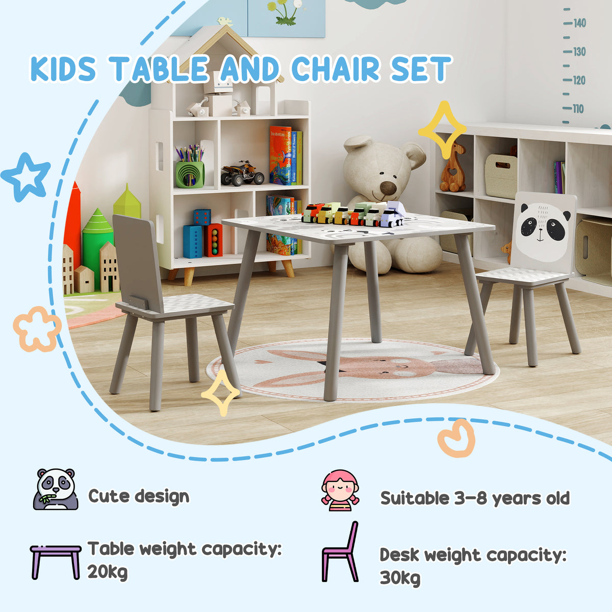 ZONEKIZ kids table and chair set with panda design and sturdy gray legs