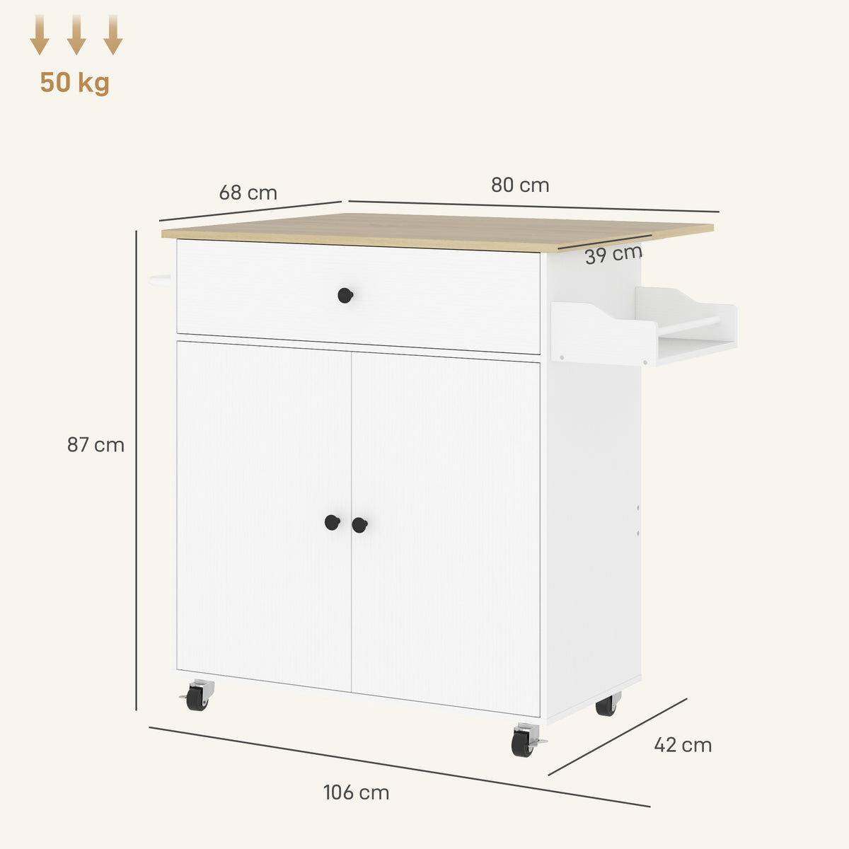 White kitchen island on wheels with drop leaf and storage; dimensions shown