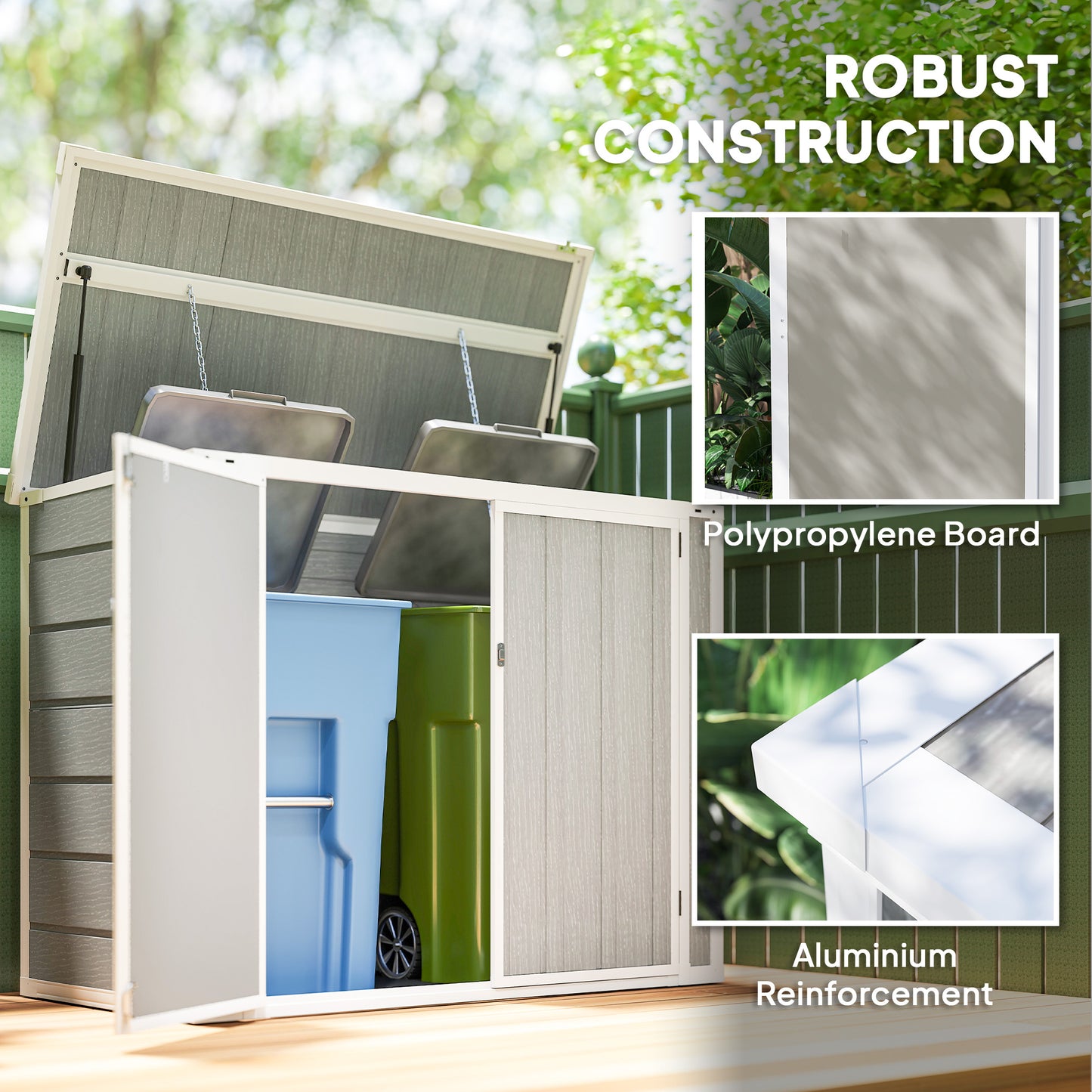 Outsunny 4.7 x 2.5FT Garden Shed, Double Bin Storage Shed with Lockable Doors, Outdoor Small Shed with Openable Lid for 2 Trash Cans, Garden Tools, Light Grey