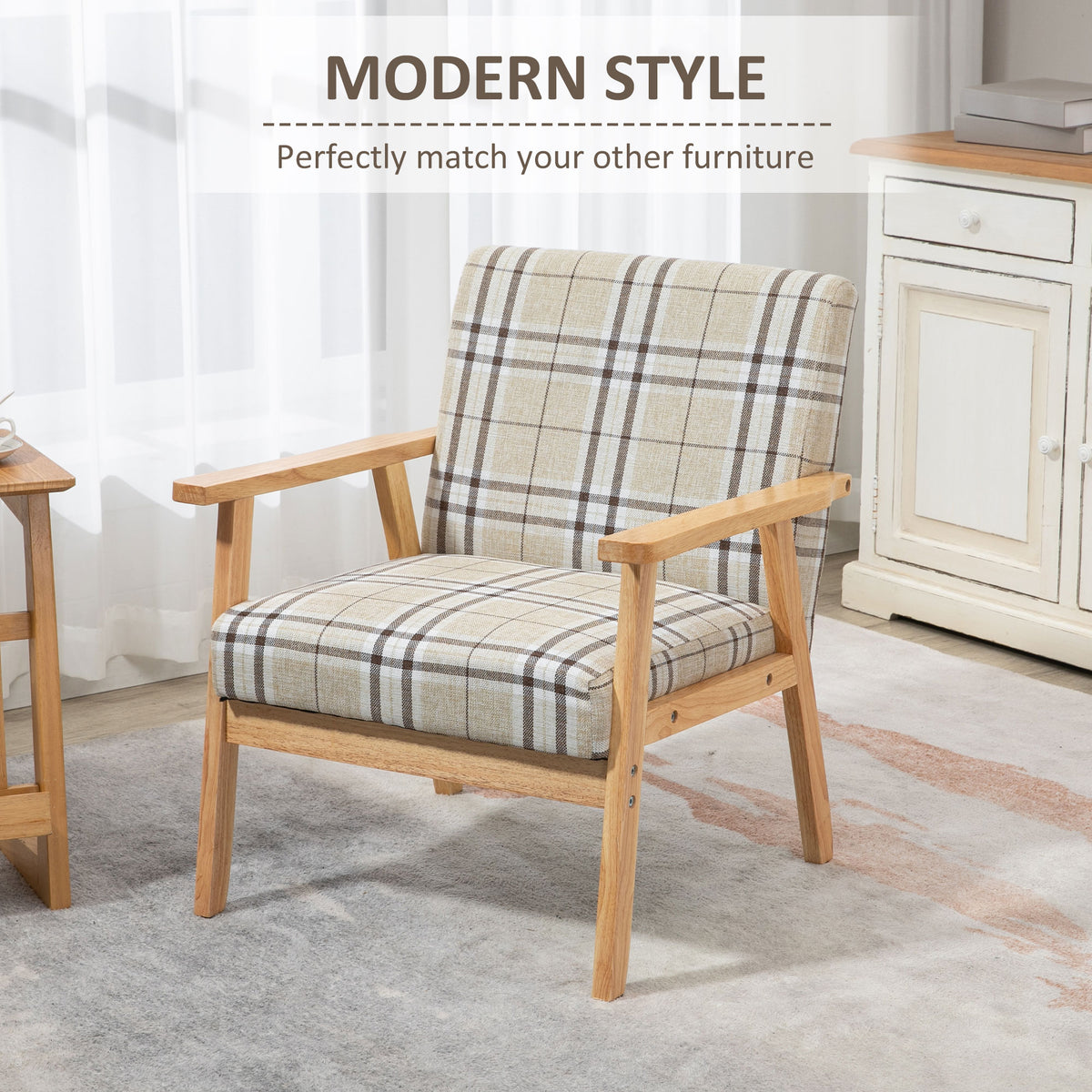 HOMCOM plaid armchair with wooden frame, shown at an angle