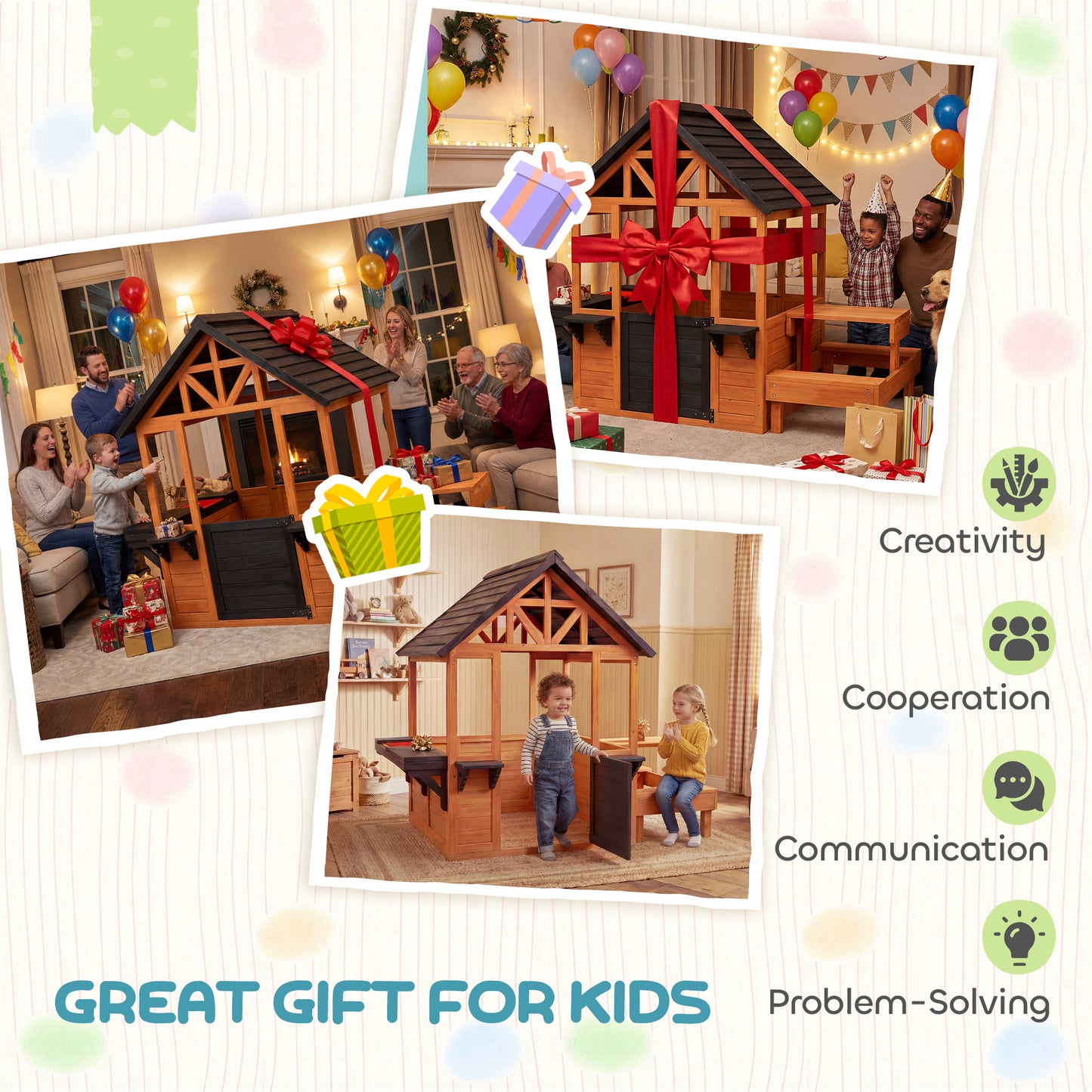 AIYAPLAY Wooden Playhouse Playhouse for Kids with Table, Benches, Sink Table, Windows, Flowerpot Holders, for Ages 3-8, Brown
