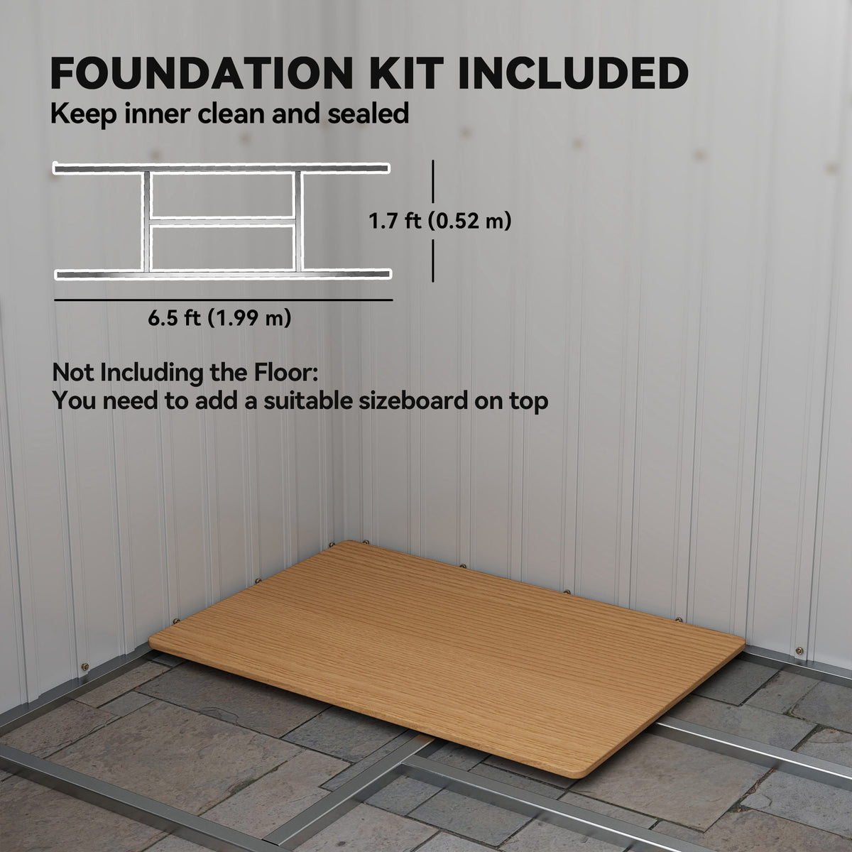 Garden shed interior with included metal foundation frame and a floor panel.
