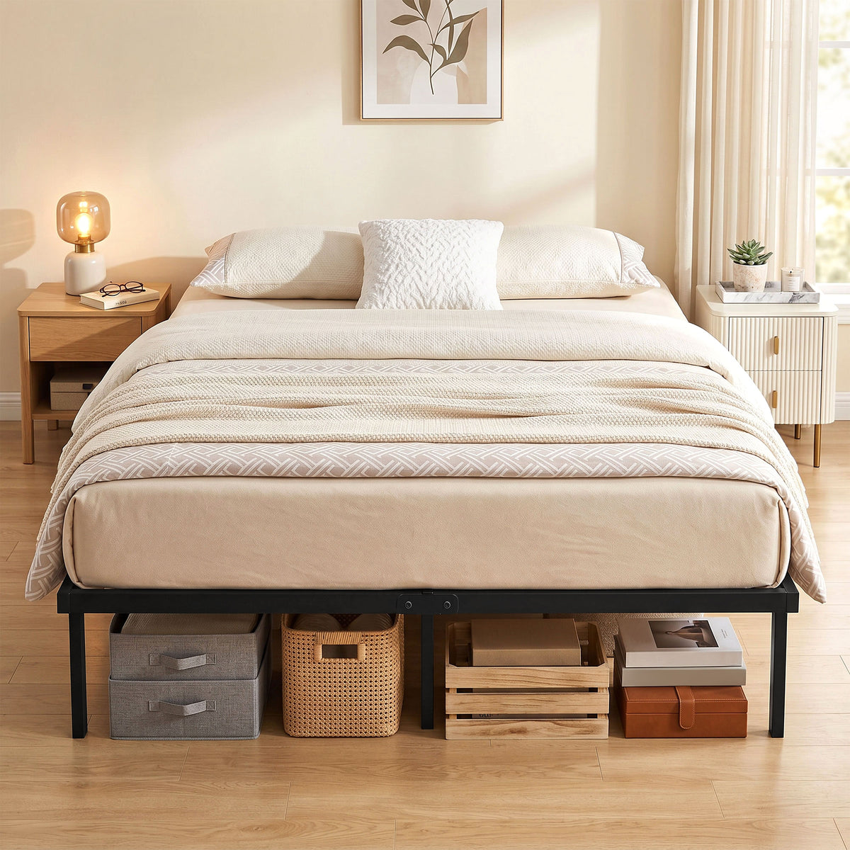HOMCOM 4ft6 Double Bed Frame with Underbed Storage, Metal Platform Bed Frame with Steel Slat Support, No Box Spring Needed