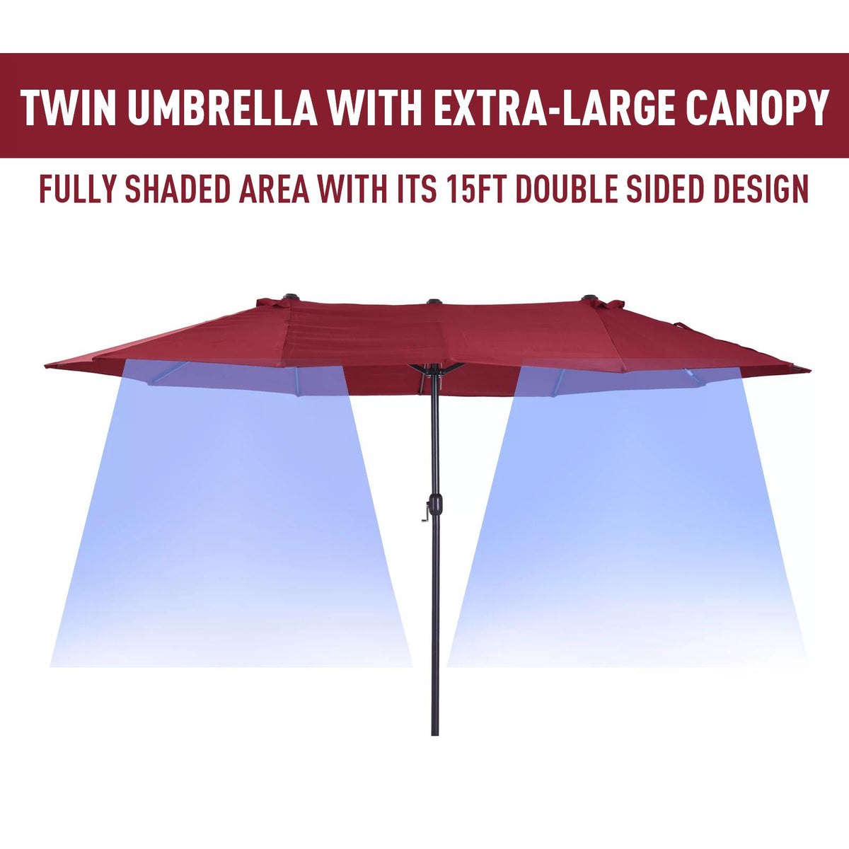 Outsunny wine-red double-sided patio parasol with extra-wide canopy providing shade on both sides