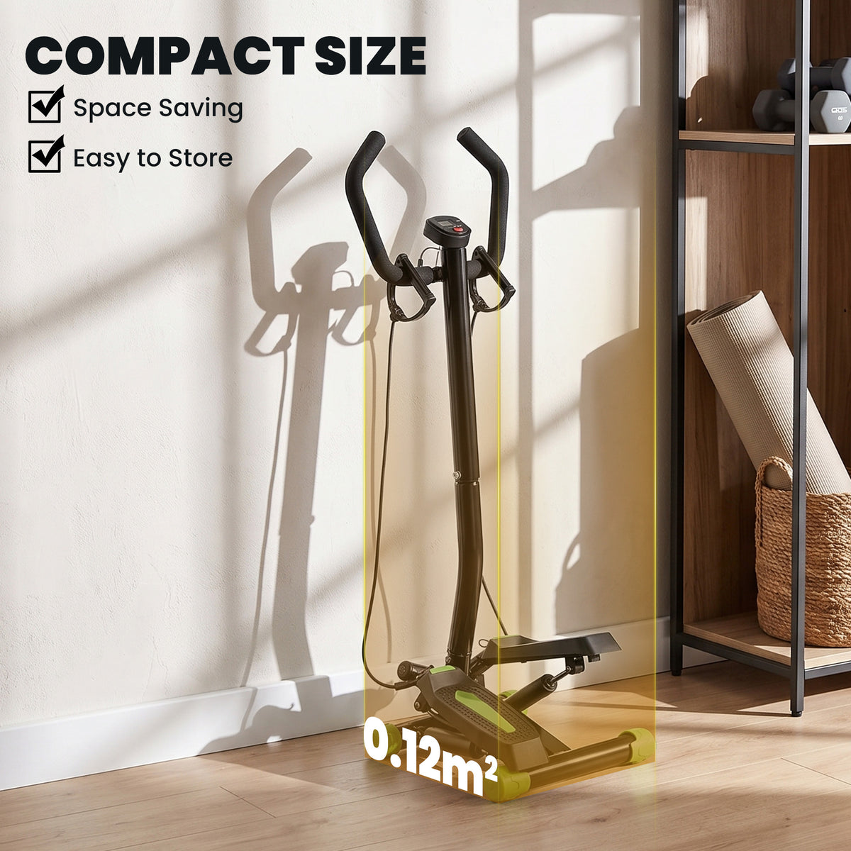 HOMCOM compact stepper with handlebar, resistance bands and green-accented foot pedals