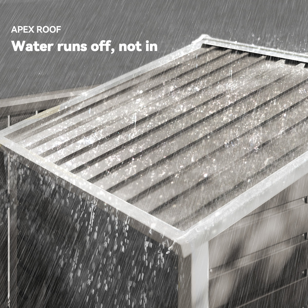 Pitched metal garden shed roof designed to shed rainwater