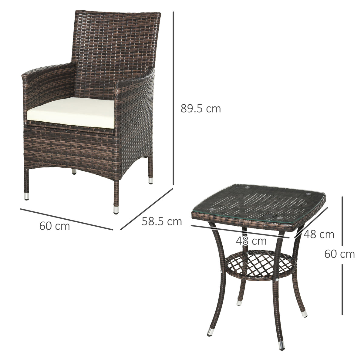 Brown rattan chair and table with dimensions shown