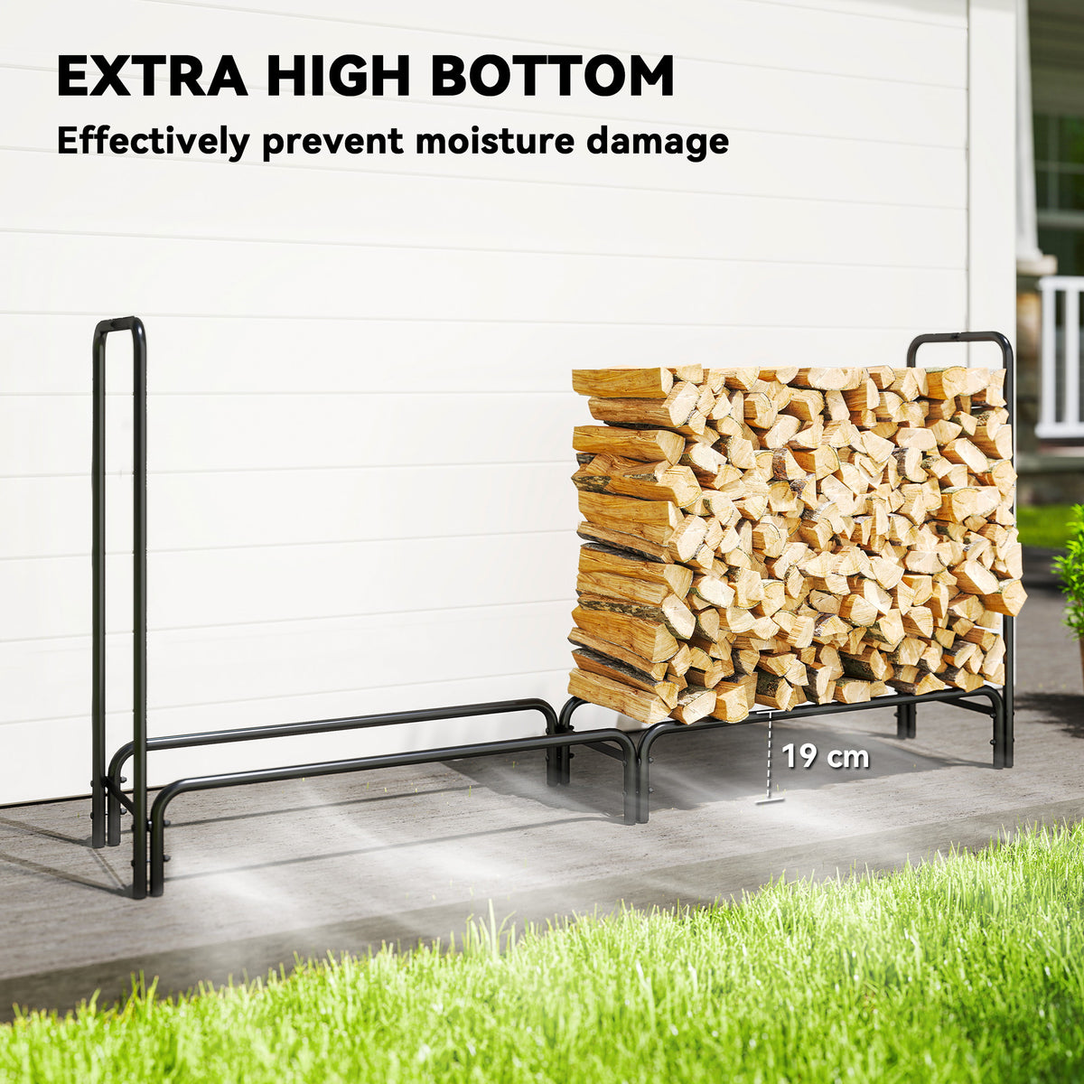 Outsunny raised metal firewood rack holding stacked logs, with 19 cm ground clearance