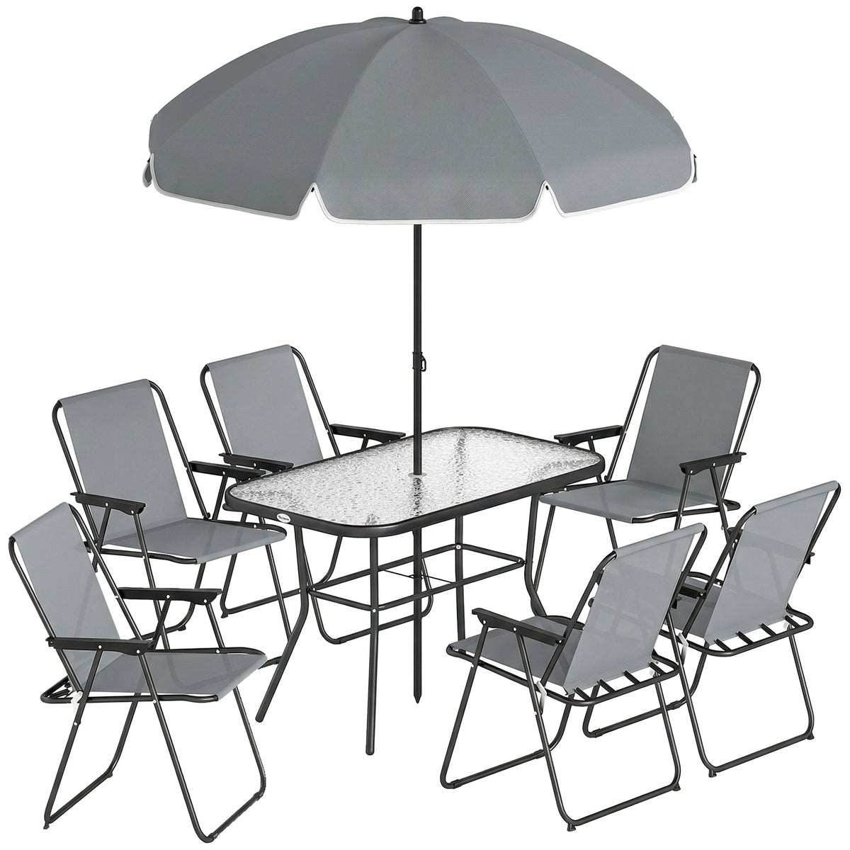 Photo of Outsunny 8 Piece Garden Dining Set with Umbrella, Garden Furniture Set with 6 Folding Chairs, Tempered Glass Table for Patio Grey in Grey colour on a white background