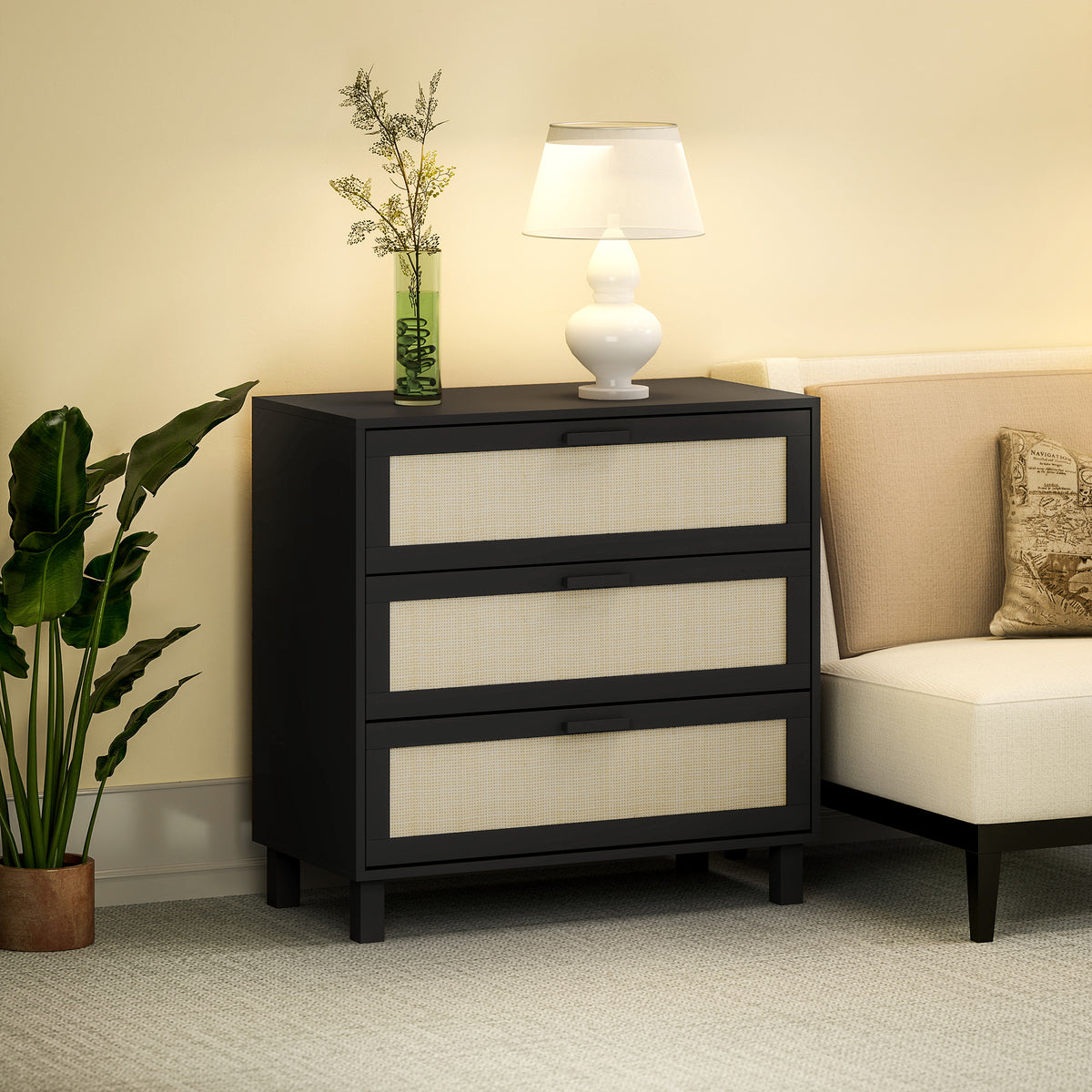 HOMCOM Rattan Bedroom Chest of Drawers, 3 Drawers Storage Unit, Boho Dresser for Living Room, Hallway, Black
