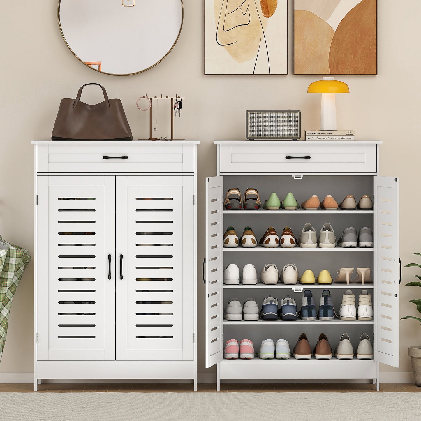 HOMCOM Shoe Cabinet with Louvered Doors, Modern Shoe Storage Cabinet with Drawer and Adjustable Shelves, White