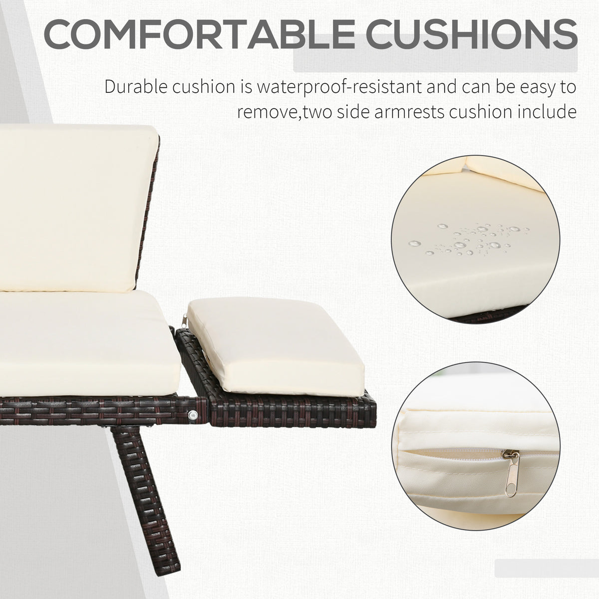 Cream waterproof cushions and removable armrest pads on the brown rattan daybed