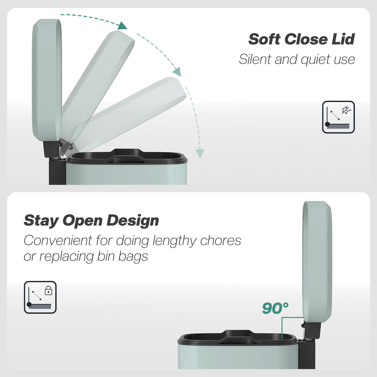 Light green kitchen bin with soft-close lid that stays open for longer tasks.