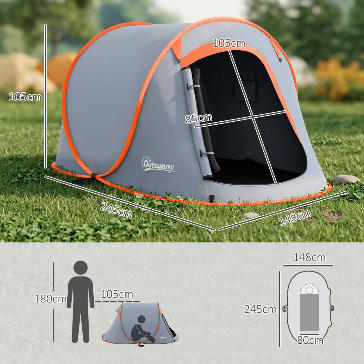 Outsunny two-person pop-up dome tent with dimensions of 245 by 148 by 105 cm.
