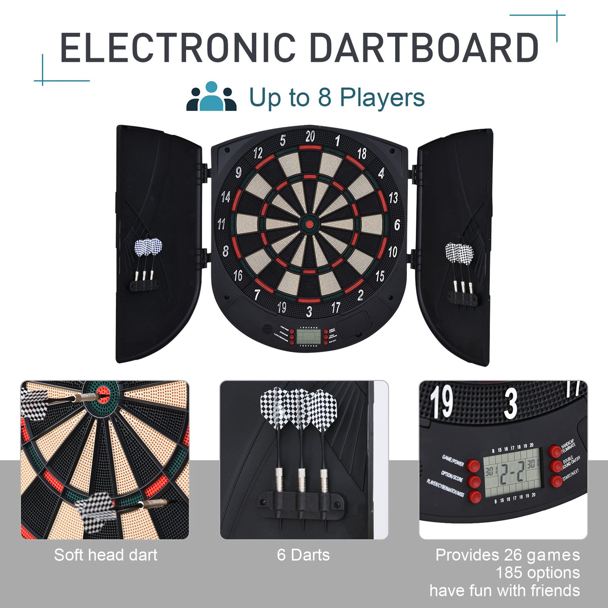 HOMCOM electronic dartboard set with six darts and soft-tip dart detail