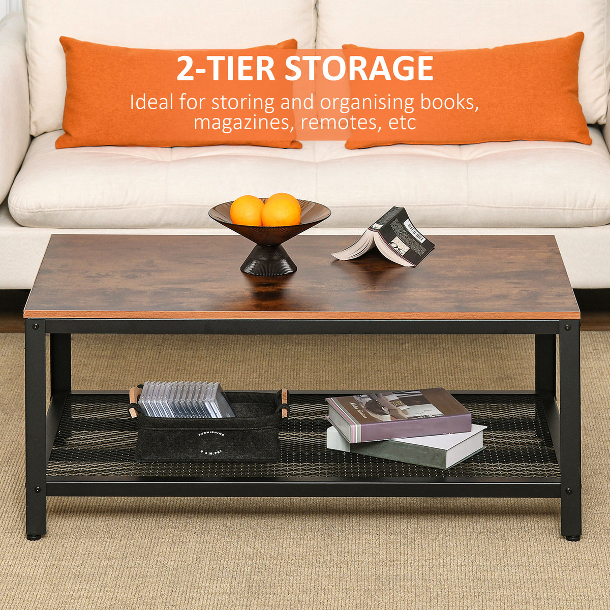 Industrial coffee table with rustic brown top, black metal frame and mesh storage shelf