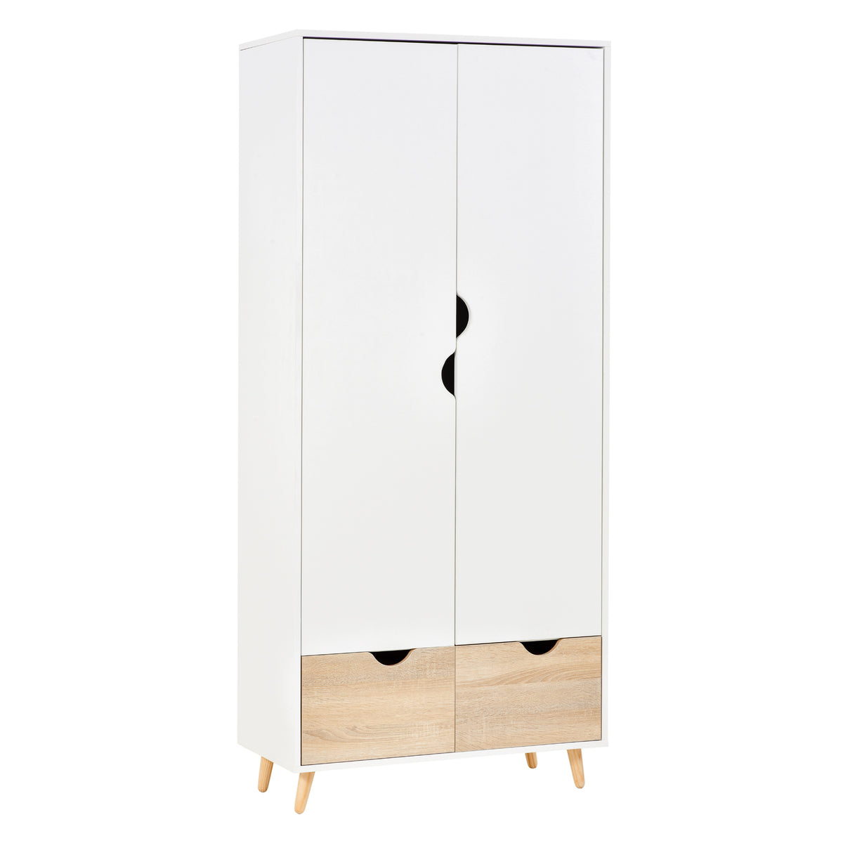 White two-door wardrobe with two wood-effect drawers and light wood feet.