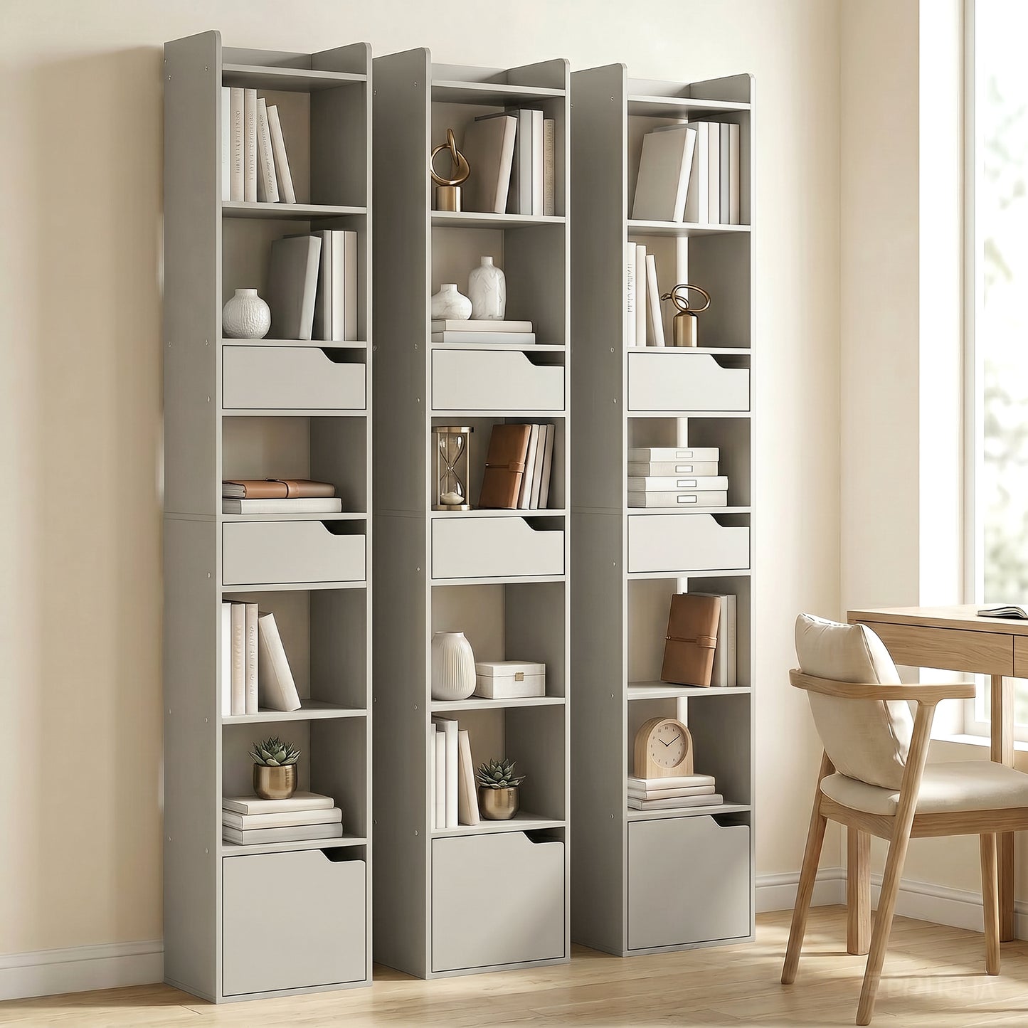 HOMCOM Bookcase Tall Narrow with 5 Tiers and Drawers Freestanding Bookshelf Storage Cabinet for Living Room Grey