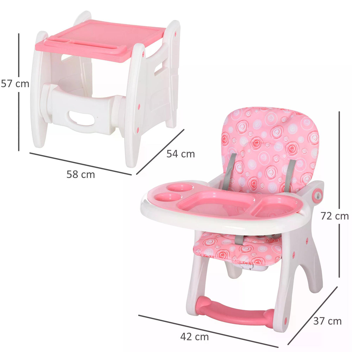 Pink and white convertible baby high chair shown as a booster and table-chair set with dimensions