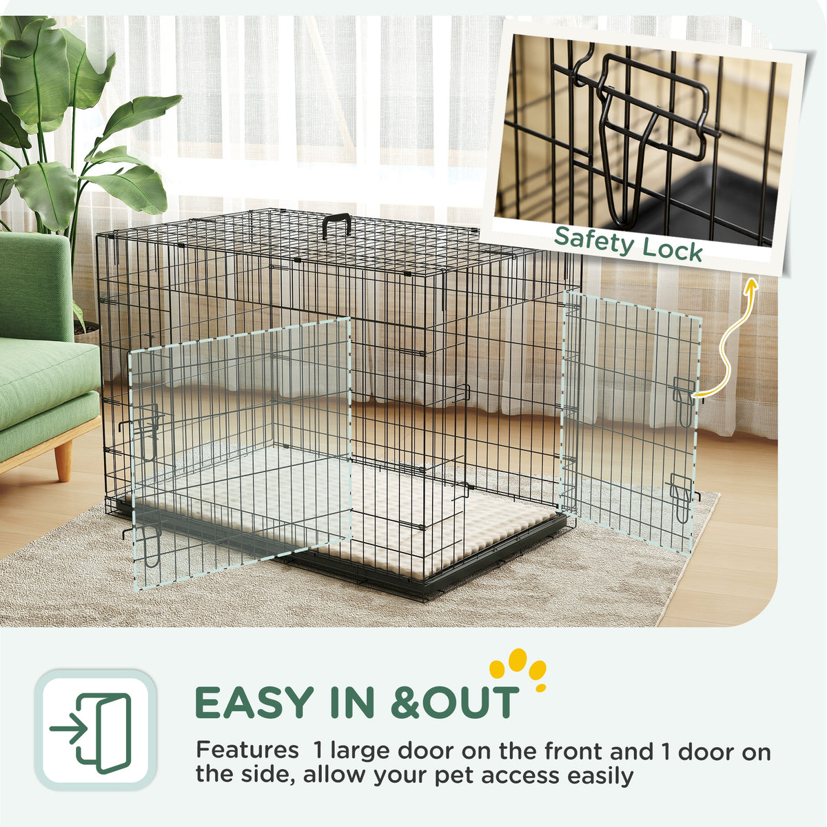 PawHut dog crate with both doors open and close-up of its safety latch