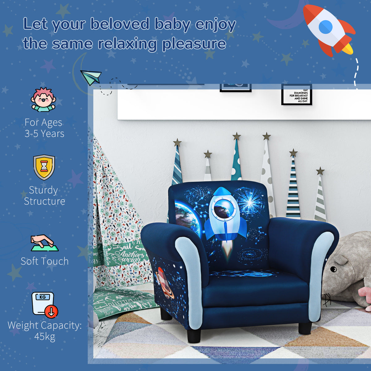 Blue rocket-print children's armchair with padded seat and curved armrests