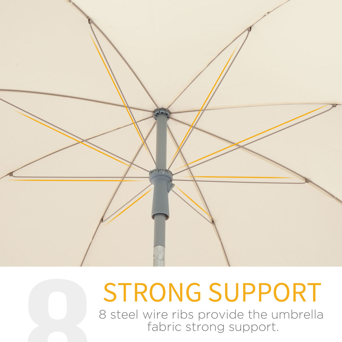 Underside of cream beach umbrella showing its metal ribs and central pole
