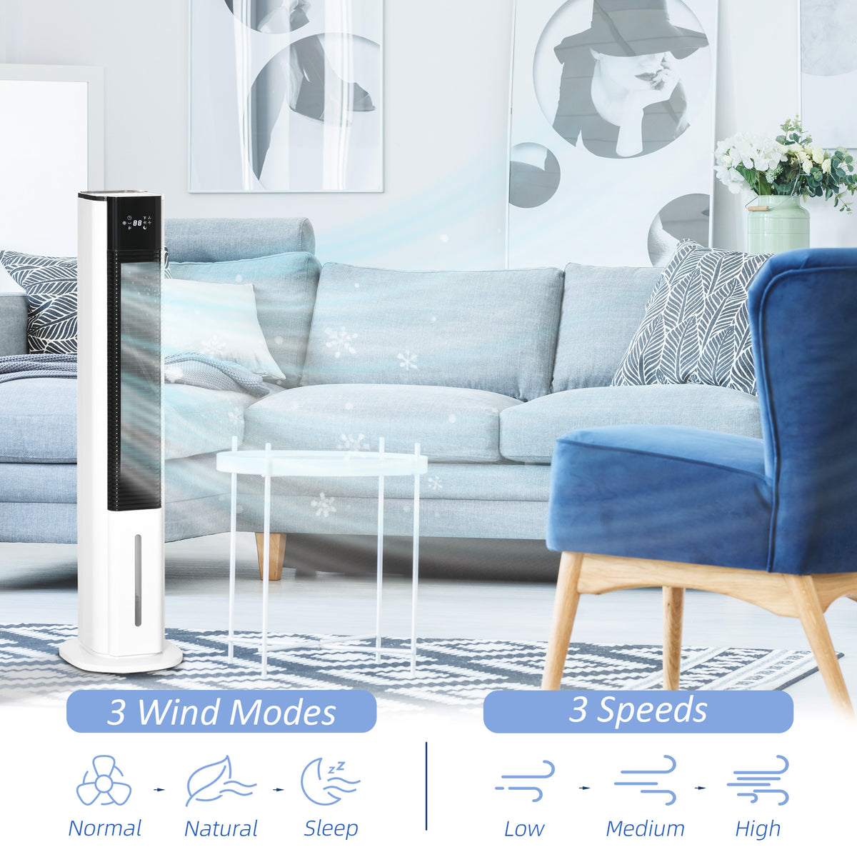 White HOMCOM tower air cooler with black vent, illustrated with three modes and three fan speeds.