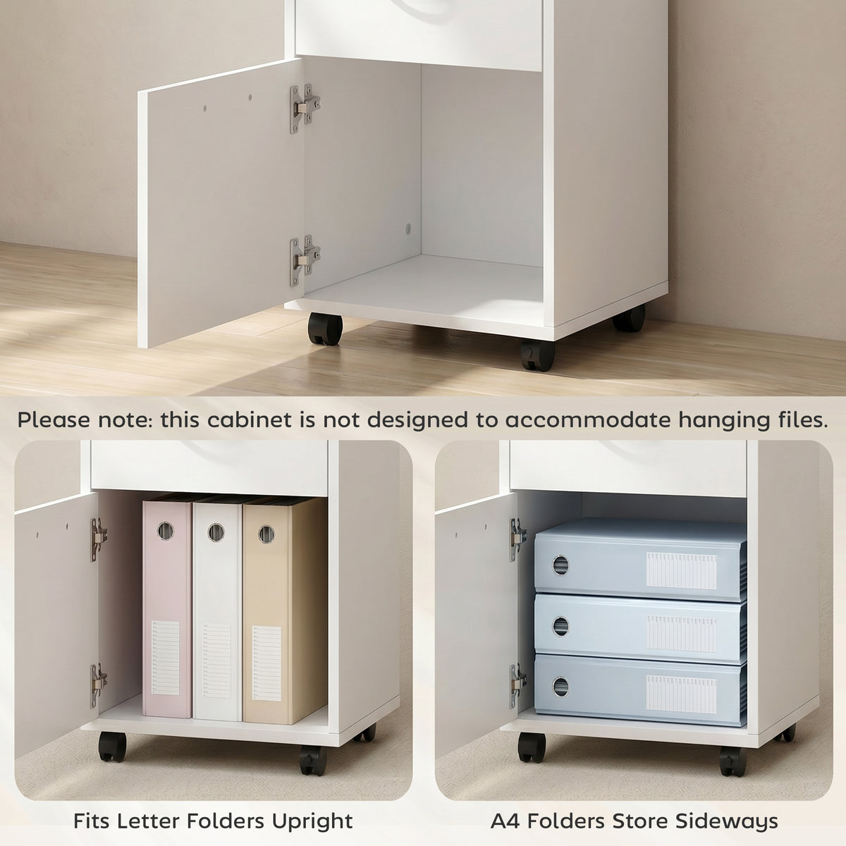 White filing cabinet with open lower compartment for upright letter folders or sideways A4 files
