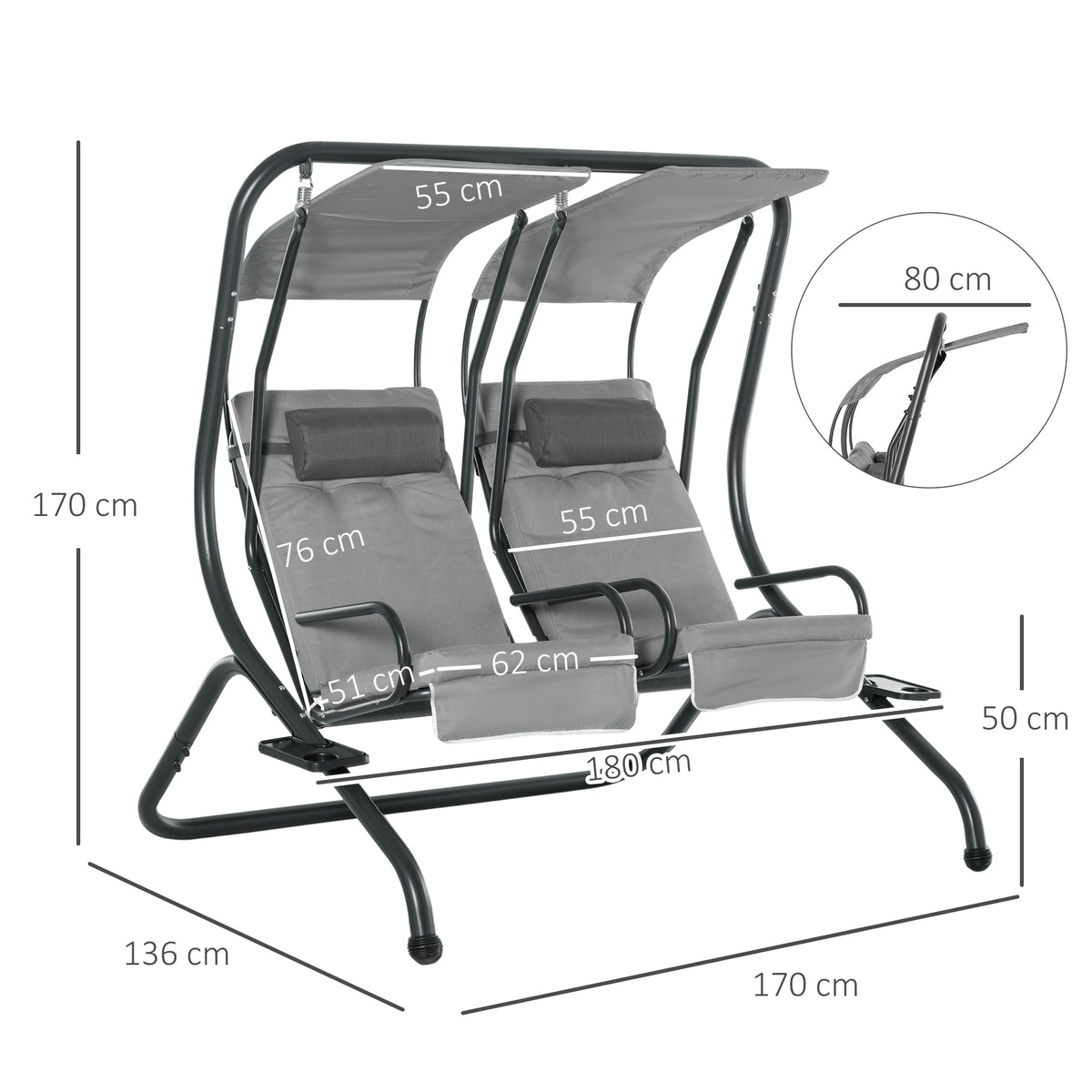Outsunny double canopy swing with two gray reclining seats and dimensions marked