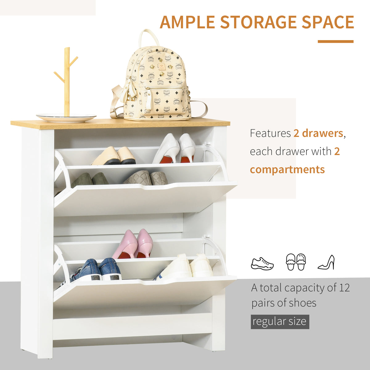 White shoe cabinet with two open flip drawers displaying shoes and divided storage compartments