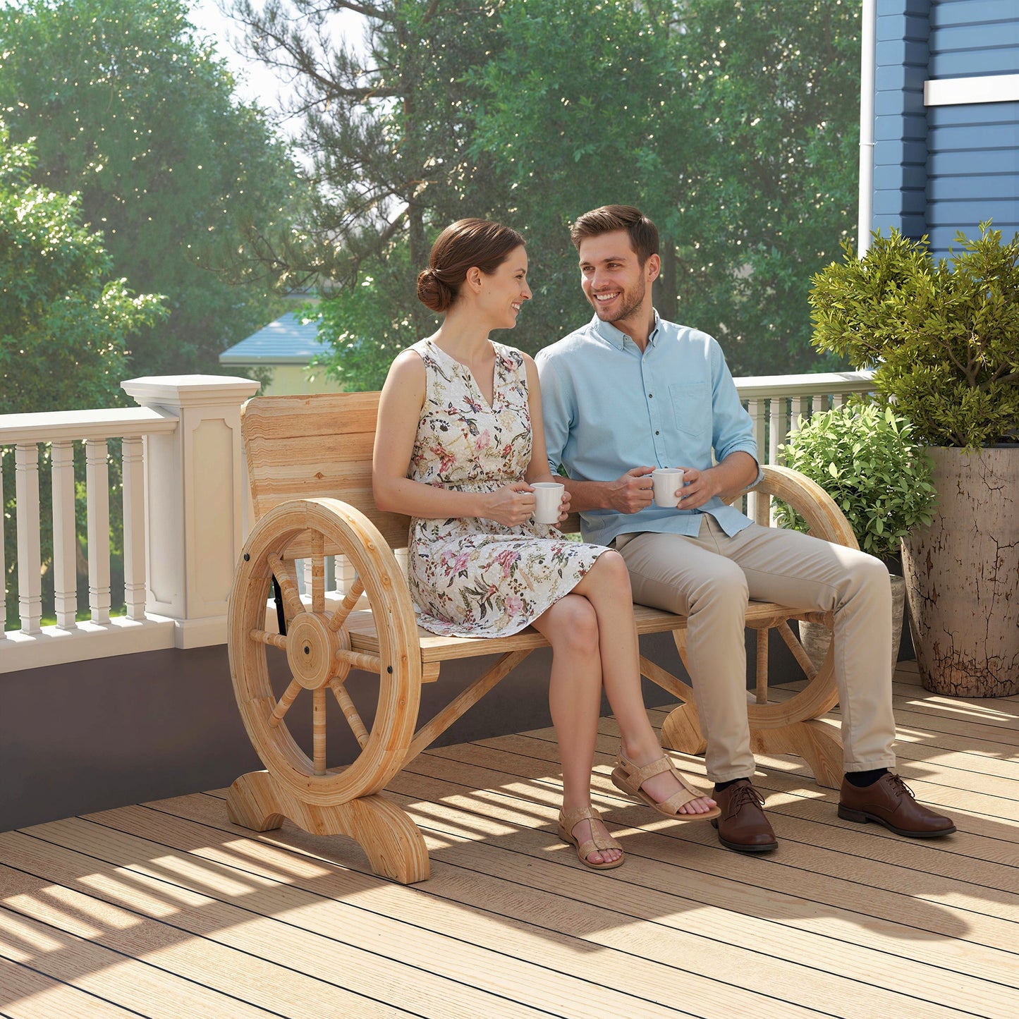 Outsunny Fir Wood 2-Seater Outdoor Garden Wagon Wheel Bench, Natural Wood Finish