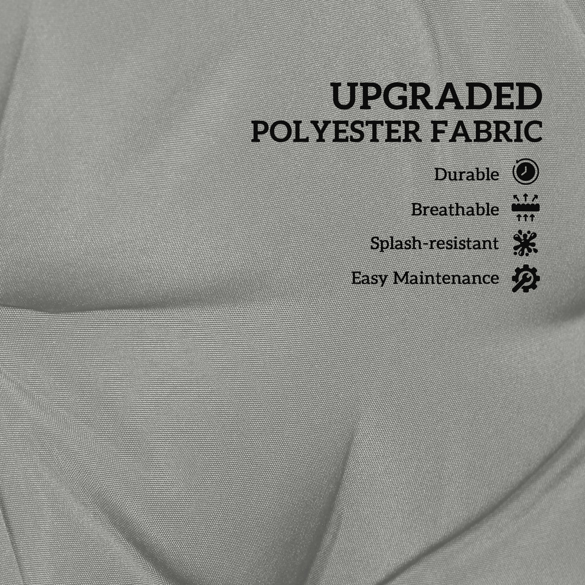 Close-up of the gray cushion's textured polyester fabric.