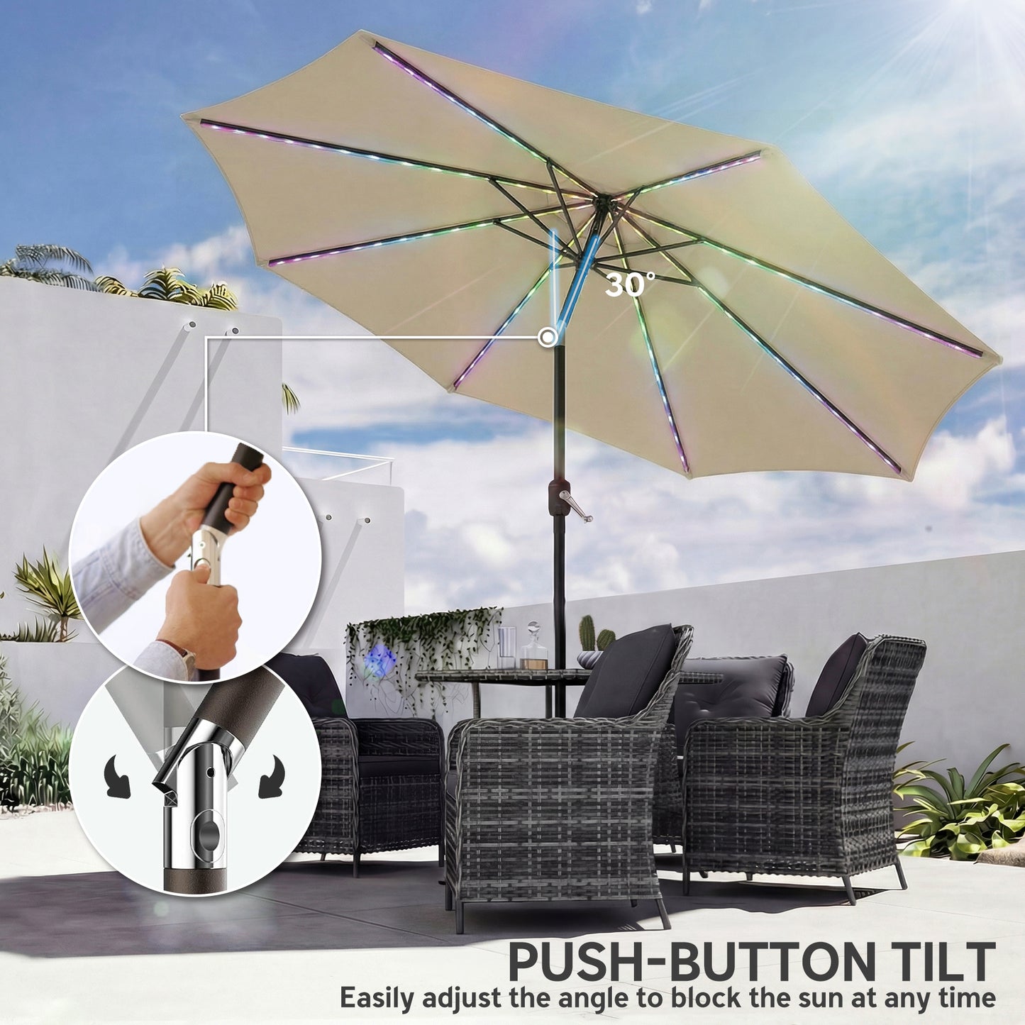 Outsunny 3 m Garden Parasol Umbrella with 112 Solar Powered LED Lights, Patio Umbrella with Crank Handle, Beige