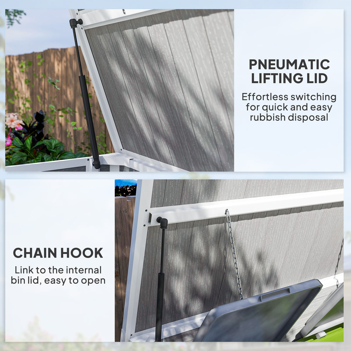 Outsunny shed lid with pneumatic lift and chain hooks for linking to bin lids