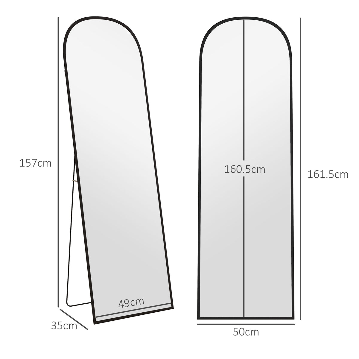 Black-framed standing mirror with rounded top, rear support and dimensions marked.