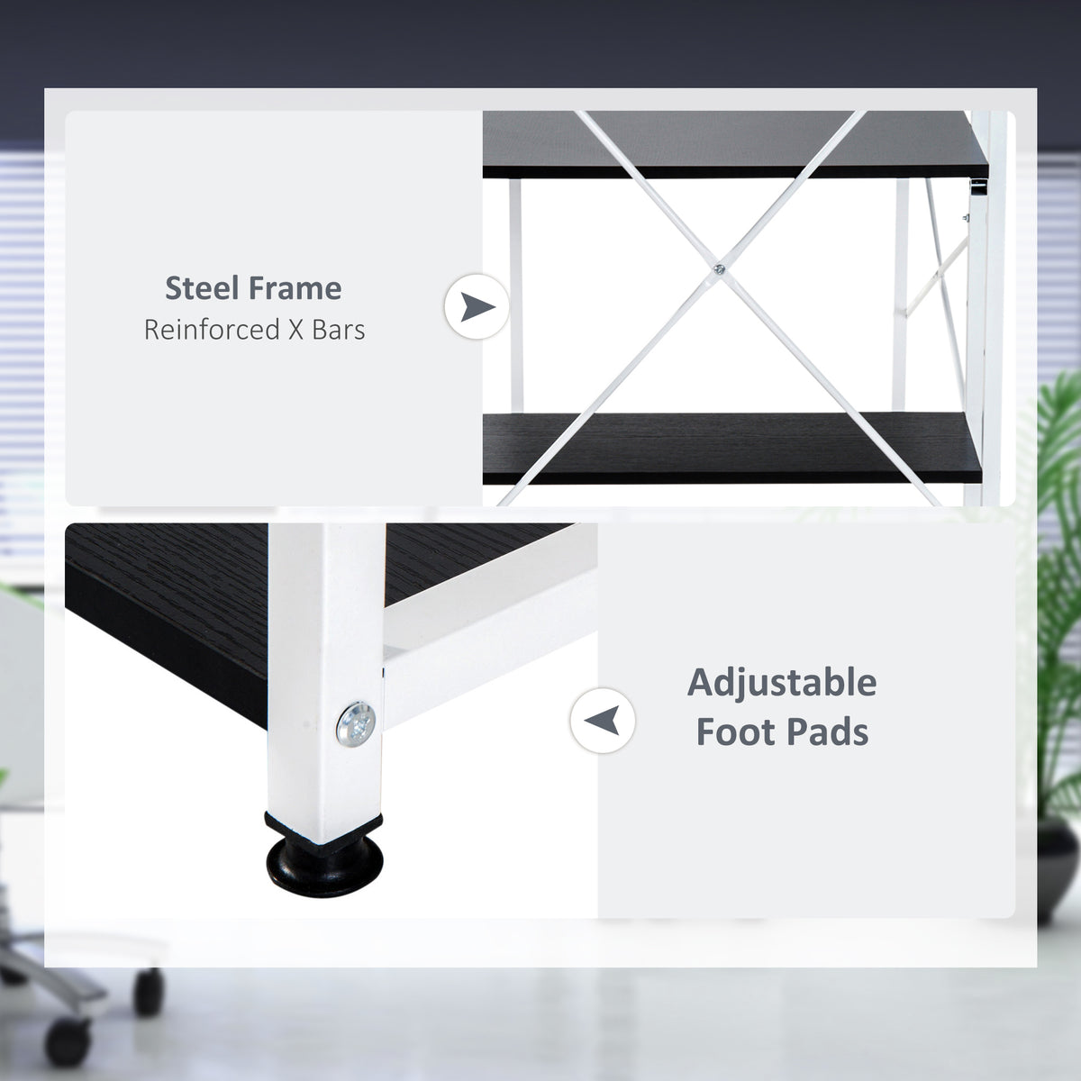 Computer desk details showing steel X-braces and adjustable foot pads
