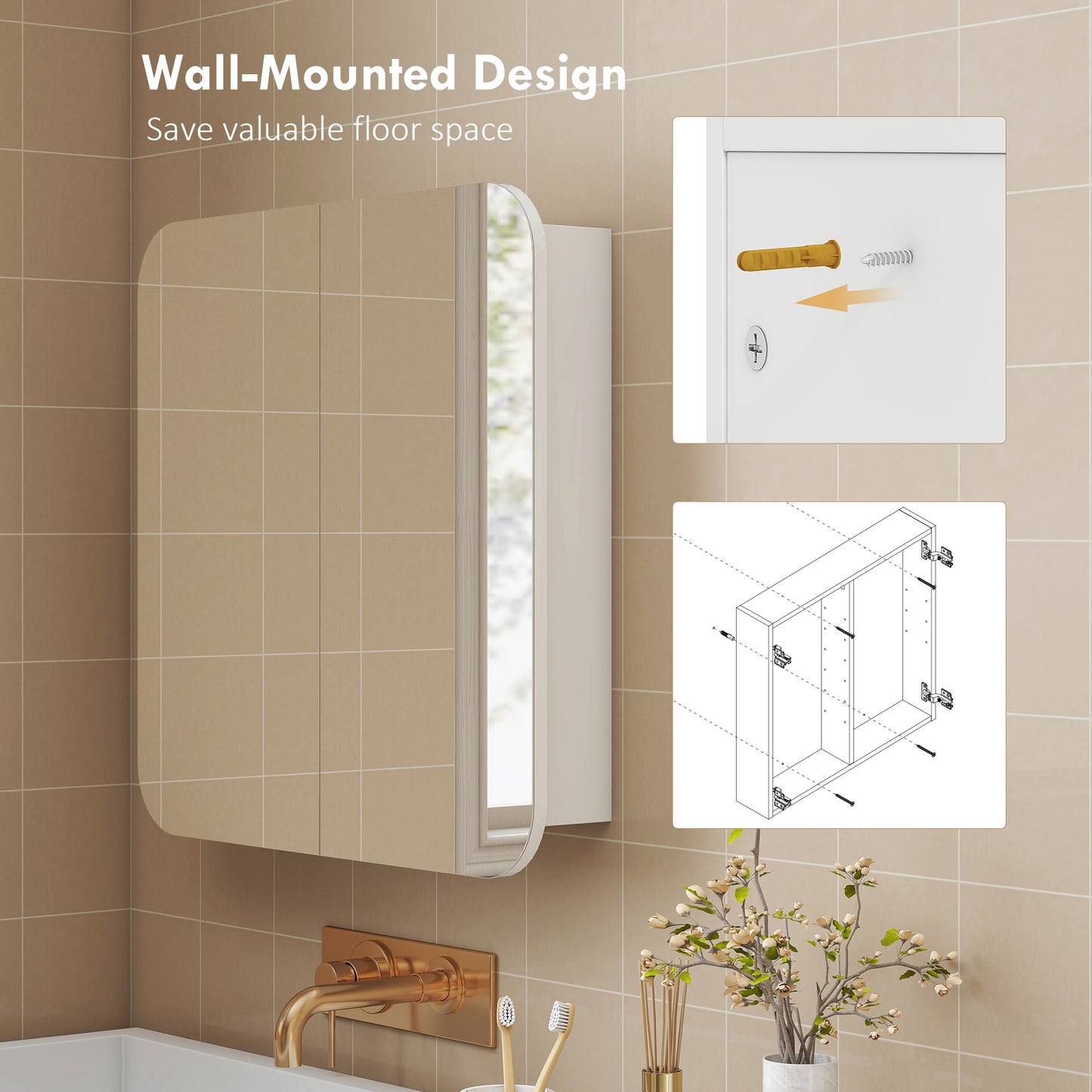 HOMCOM Arched Bathroom Mirror Cabinet with Adjustable Shelves - White