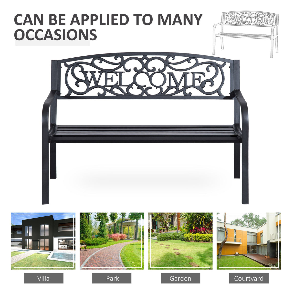 Black steel garden bench with slatted seat and ornate “WELCOME” backrest