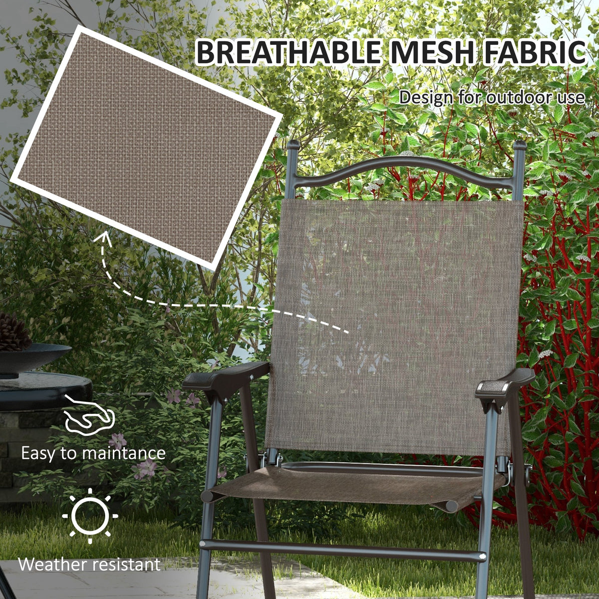 Garden chair with breathable taupe mesh seat and back and a dark metal frame
