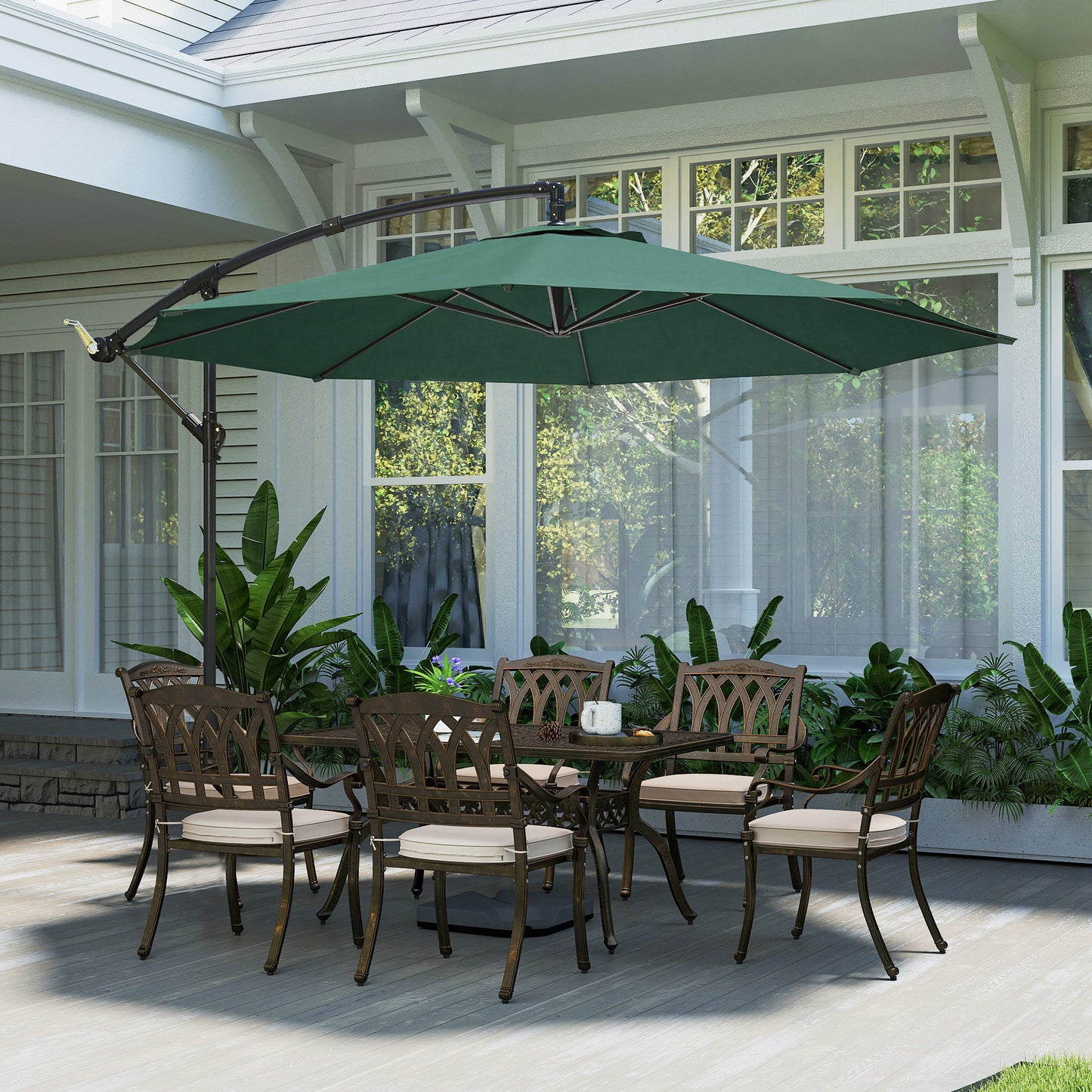 Outsunny 3 m Overhanging Cantilever Parasol, with Cross Base - Dark Green