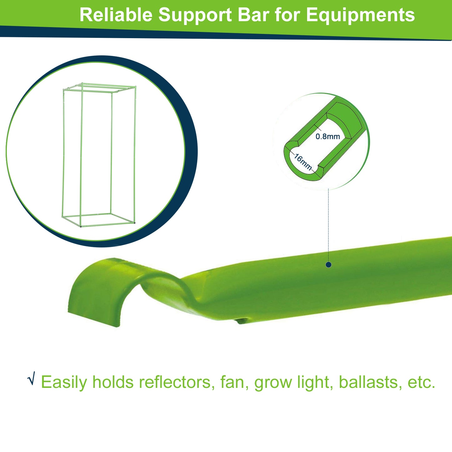 Green grow tent support bar with curved end and cross-section dimensions